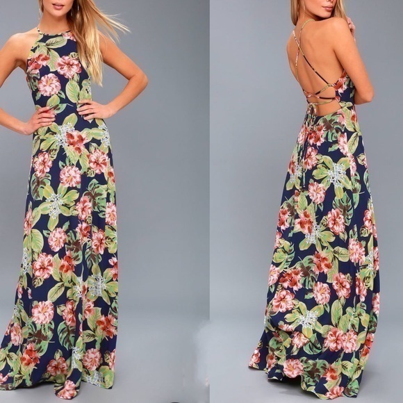 Lulus Dresses & Skirts - Lulus NWT Havana Oh Na Na Navy Blue Floral Print Maxi Dress Size XS